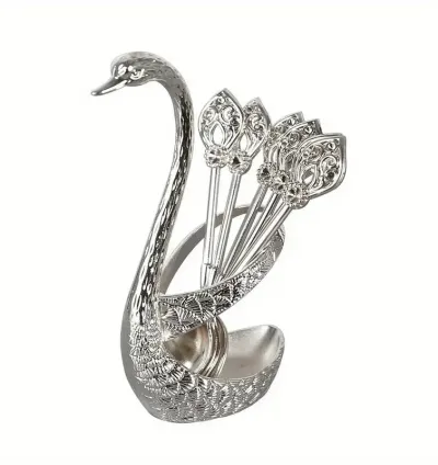 7 Pcs Luxurious Swan-Shaped Stainless Steel Coffee Spoon Set with Elegant Base - Silver