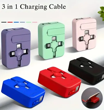 3-in-1 Multi-Functional Retractable Data Cable with Built-in Phone Holder for Fast Charging & Data Syncing for Smartphones