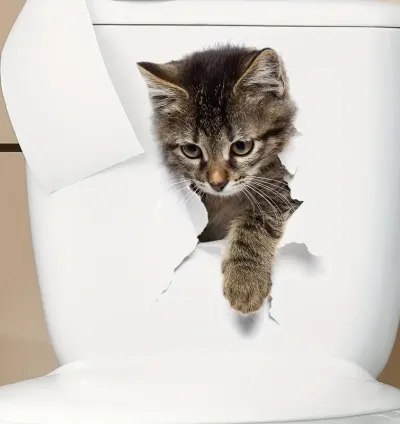 3D Gray Cat Toilet Sticker Waterproof & Removable Vinyl Decal with Playful Kitten Design