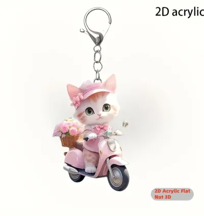 Acrylic Keychain Cute Cat on Motorcycle, Perfect for Bags & Keys