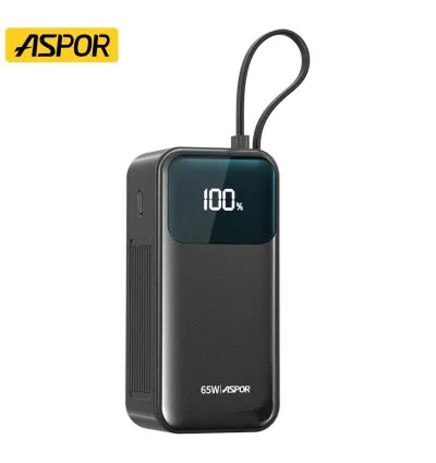 Aspor Power Bank 20000 Mah Built In Cables 65W - Black