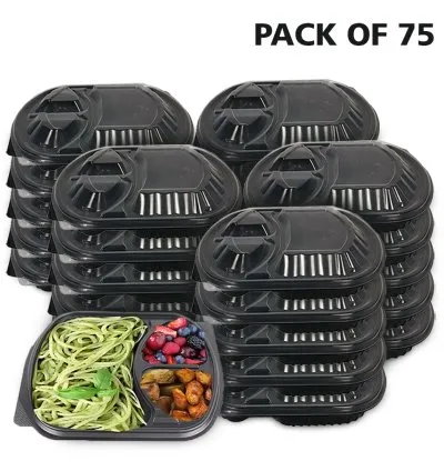 3-Compartment Disposable Plastic Food Container Box 1000ml 23.5 x 21 x 5.5 cm (Pack of 75 Pcs)