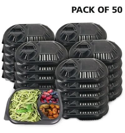 3-Compartment Disposable Plastic Food Container Box 1000ml 23.5 x 21 x 5.5 cm (Pack of 50 Pcs)