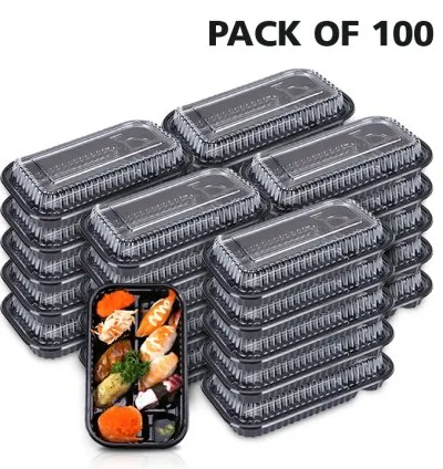 4-Compartment Plastic Disposable Food Container with Lid - 23 x 13 x 5.5 cm (Pack of 100 Pcs)