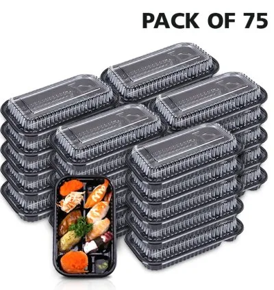 4-Compartment Plastic Disposable Food Container with Lid - 23 x 13 x 5.5 cm (Pack of 75 Pcs)