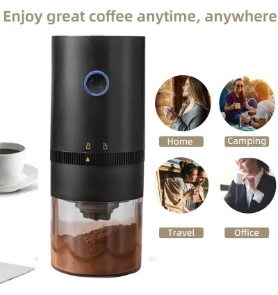 مطحنة قهوة كهربائية صغيرة محمولة قابلة لإعادة الشحن عبر USB - لون أسود