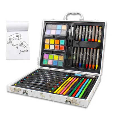 Stylish Coloring Bag + 10 Wooden Colors + 10 Shiny Colors + 8 Oil Colors + 8 Wax Colors + 24 Watercolors + Eraser + Sharpener + 2 Coloring Brushes + Coloring Book
