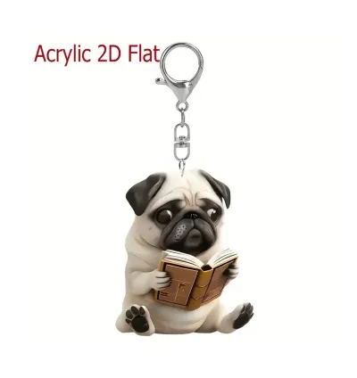 Acrylic 2D Reading Pug Keychain With Cute & Durable Bag and Key Accessory