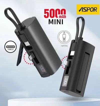 Aspor 5000mAh Portable 2 Plugs Power Bank With Digital Display