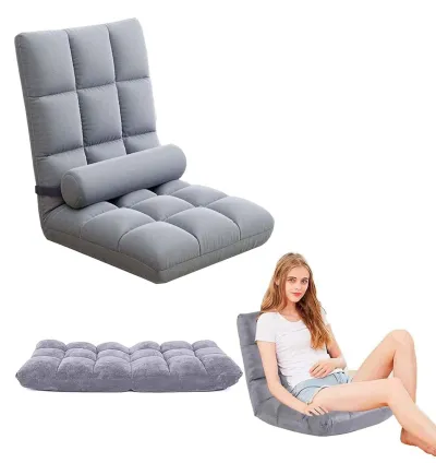 Adjustable Folding Lazy Sofa Chair with Lumbar Pillow for Gaming, Reading, or Relaxing– Grey