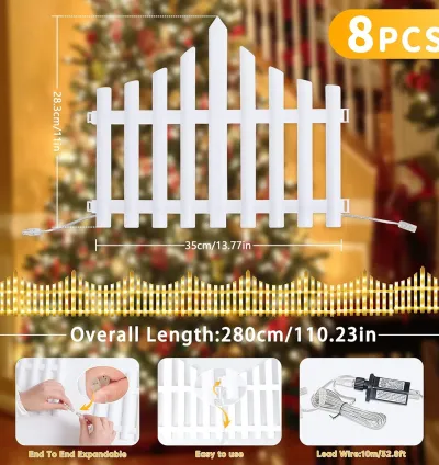 Decorative LED Fence Lights with Easy Clip-On Installation & Multiple Modes - Set of 8 - Warm White (Total Size 280 x 28.5 cm)