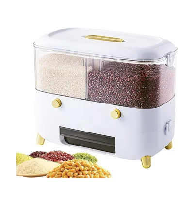 Double Compartment Dispenser & Storage Container for Rice, Cereal & Grains with Transparent Window and Lid