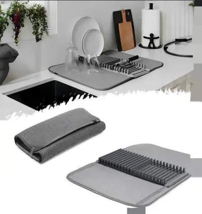 وسادة تصريف مطبخ متعددة الاستخدامات فائقة الامتصاص مع حامل تجفيف للأواني والمقالي والأطباق والأكواب وأدوات المائدة – 60 × 45 سم