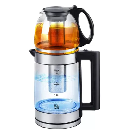 RAF 2 x 1 Double Glass Samovar Electric Kettle with 360° Rotating Power Base for Instant Heating 0.8L + 2L